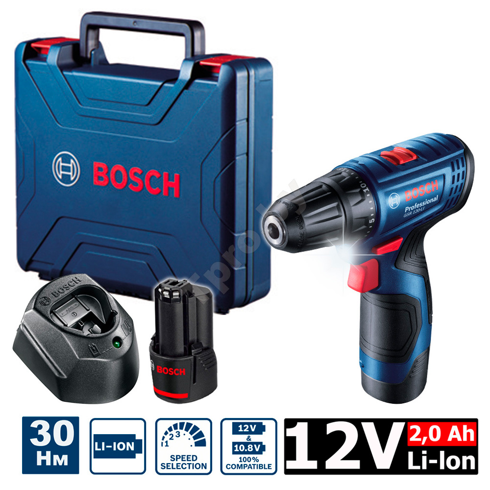 Аккумуляторная дрель-шуруповерт Bosch GSR 120 2x2.0Ah, 06019G8000 photo 2