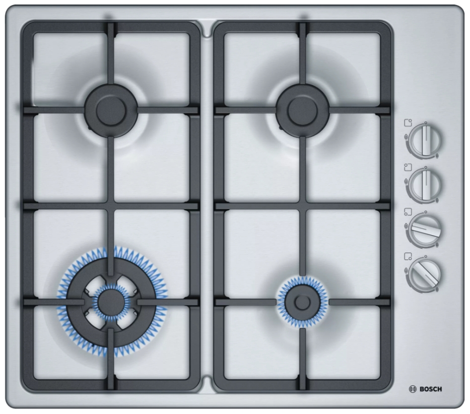 Встраиваемая  газовая панель Bosch PBH6C5B90R, 4 конфорок, Нерж.сталь photo 1