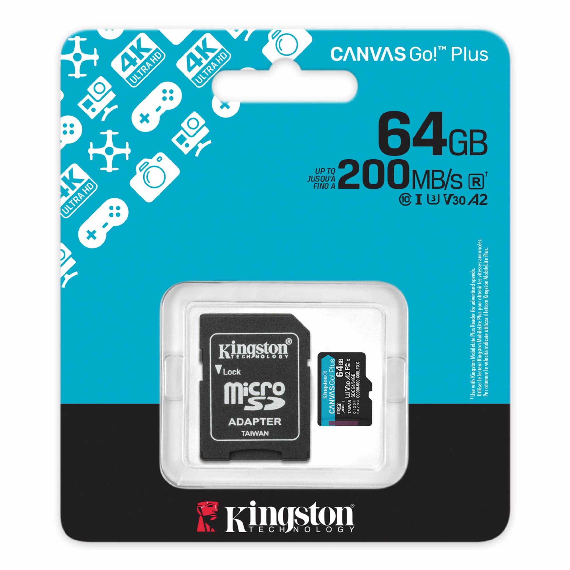 Карта памяти microSD 64GB Kingston Canvas Go! Plus, A2, 170MB/s, + SD adapter photo 1