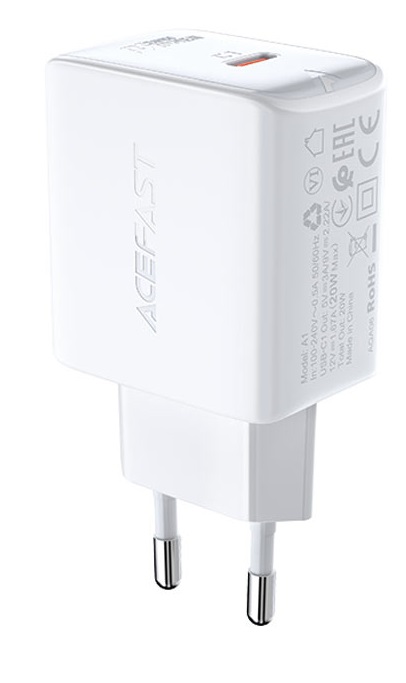 USB Charger  ACEFAST A1, Single port, USB-C, PD3.0 20W, Total output: 20W, QC3.0, White photo 2