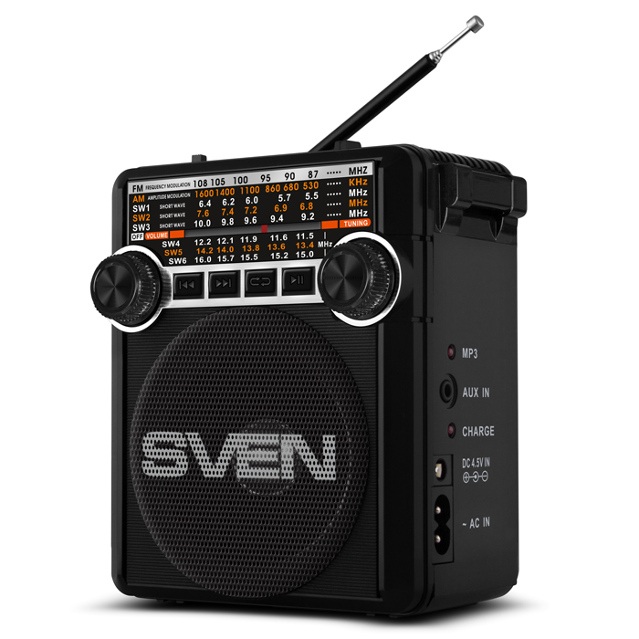 SVEN SRP-355 Black, FM/AM/SW Radio, 3W RMS, 8-band radio receiver, built-in audio files player from USB-fash, microSD and SD card storage devices, telescopic swivel antenna, built-in battery photo 1