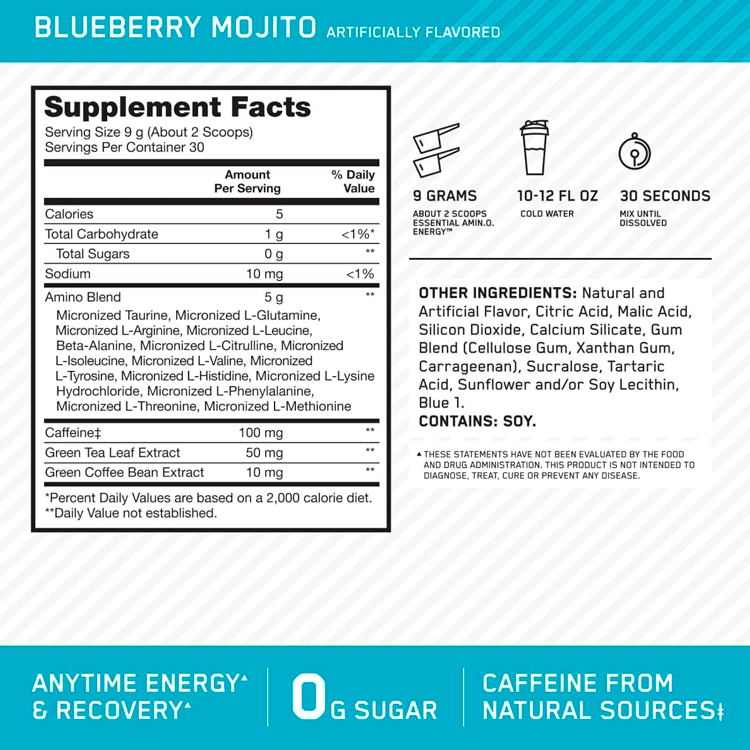 Аминокислоты Optimum Nutrition Essential Amino Energy Blueberry Mojito 270г photo 3