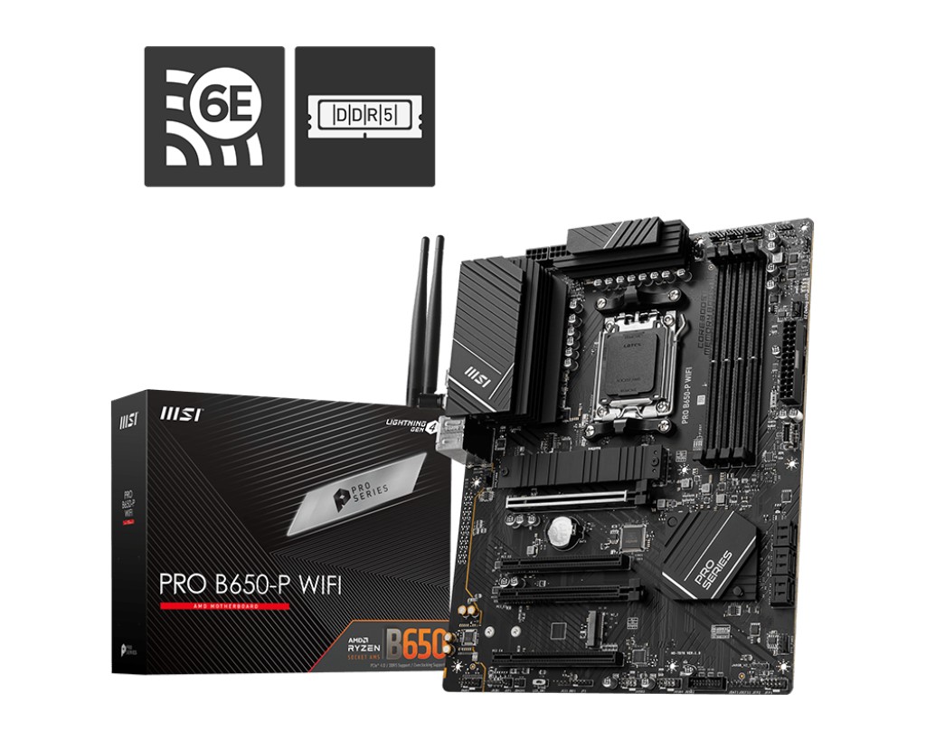 MSI PRO B650-P WIFI, Socket AM5, 15Phases, AMD B650, Dual 4xDDR5-6400, APU AMD graphics, 1xHDMI, 1xDP, 4xPCIe4.0 X16, 6xSATA3, RAID, 2xM.2PCIe 4.0, 1xPCIeX1, ALC897 HDA, 1x2.5GbE LAN, WiFi6E/BT, 1xUSB-C 3.2Gen2x2, 4xUSB 3.2 Gen2(3A+1C), 6xUSB3.2, Mystic L photo 1