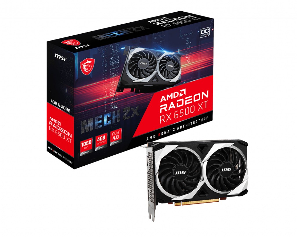 MSI Radeon RX 6500 XT MECH 2X 4G OC  /  4GB GDDR6 64Bit 2825/18000Mhz, RDNA2, 6nm GPU, PCI-E 4.0, SP: 1024Units, 1xHDMI, 1xDP, Dual Fan - Thermal design (TORX FAN 3.0/Zero Frozr/Thermal Padding), Metal Backplate, Tailored PCB Design, Retail photo 1