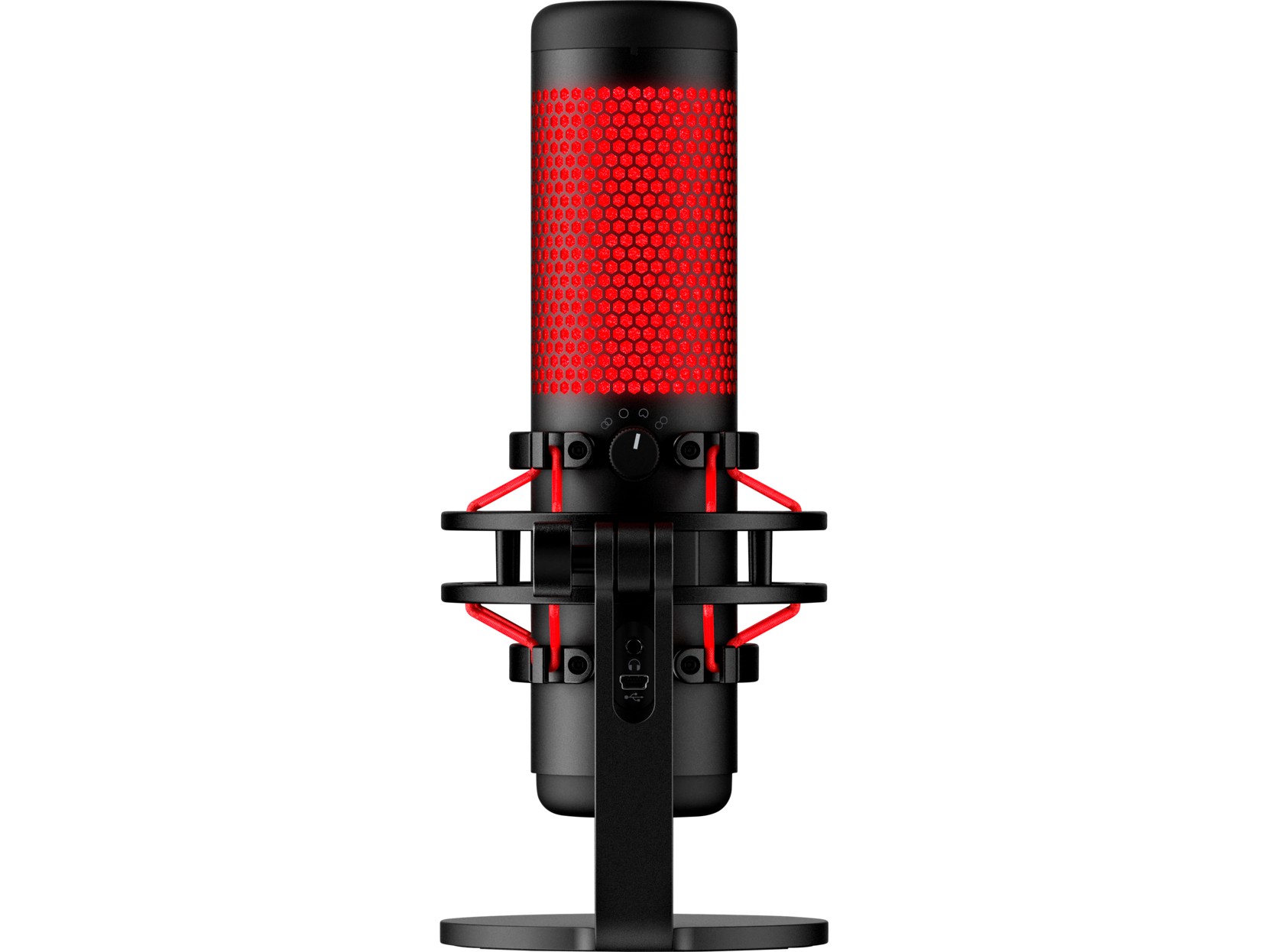 HyperX QuadCast, Black, Microphone for the streaming, Anti-Vibration shock mount, Tap-to-Mute sensor with LED indicator, Four selectable polar patterns, Internal pop filter, Built-in headphone jack, Cable length: 3m, Black/Red,  USB photo 3