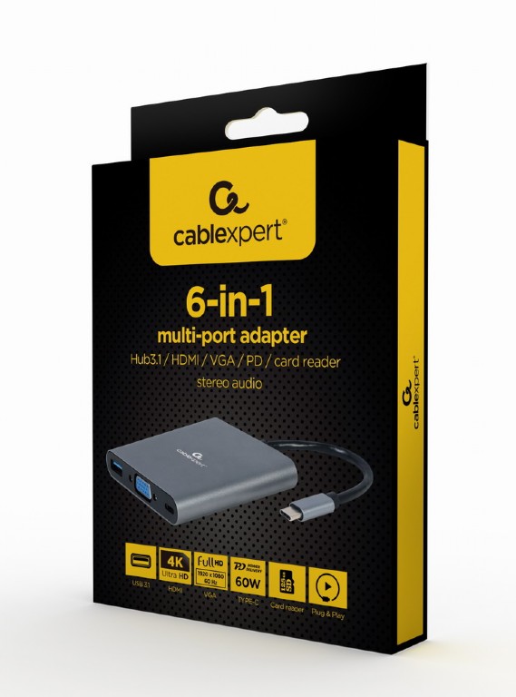 Многопортовый Адаптер Gembird A-CM-COMBO6-01/ USB-C/ USB-A 3.1/ 1xUSB-C/ HDMI/ VGA/ miniJack 3.5mm/ SD/ microSD photo 4
