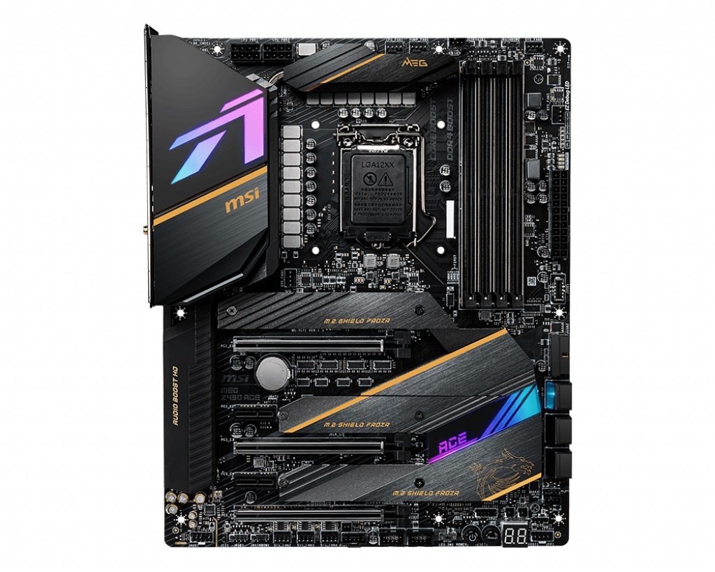 MSI MEG Z490 ACE, Socket 1200, 16+1, Intel® Z490 (10thGenCPU), Dual 4xDDR4-5000, CPU Intel iGPU, DP, HDMI, 3xPCIe X16, 6xSATA3, RAID, 3xM.2, 2xPCIe X1, ALC1200, SPDIF, 2x2.5GbE LAN, WiFi6 AX/BT, 5xUSB3.2 Gen2 (Type-C&Type-A), 4xUSB3.2, Mystic RGB, ATX photo 1