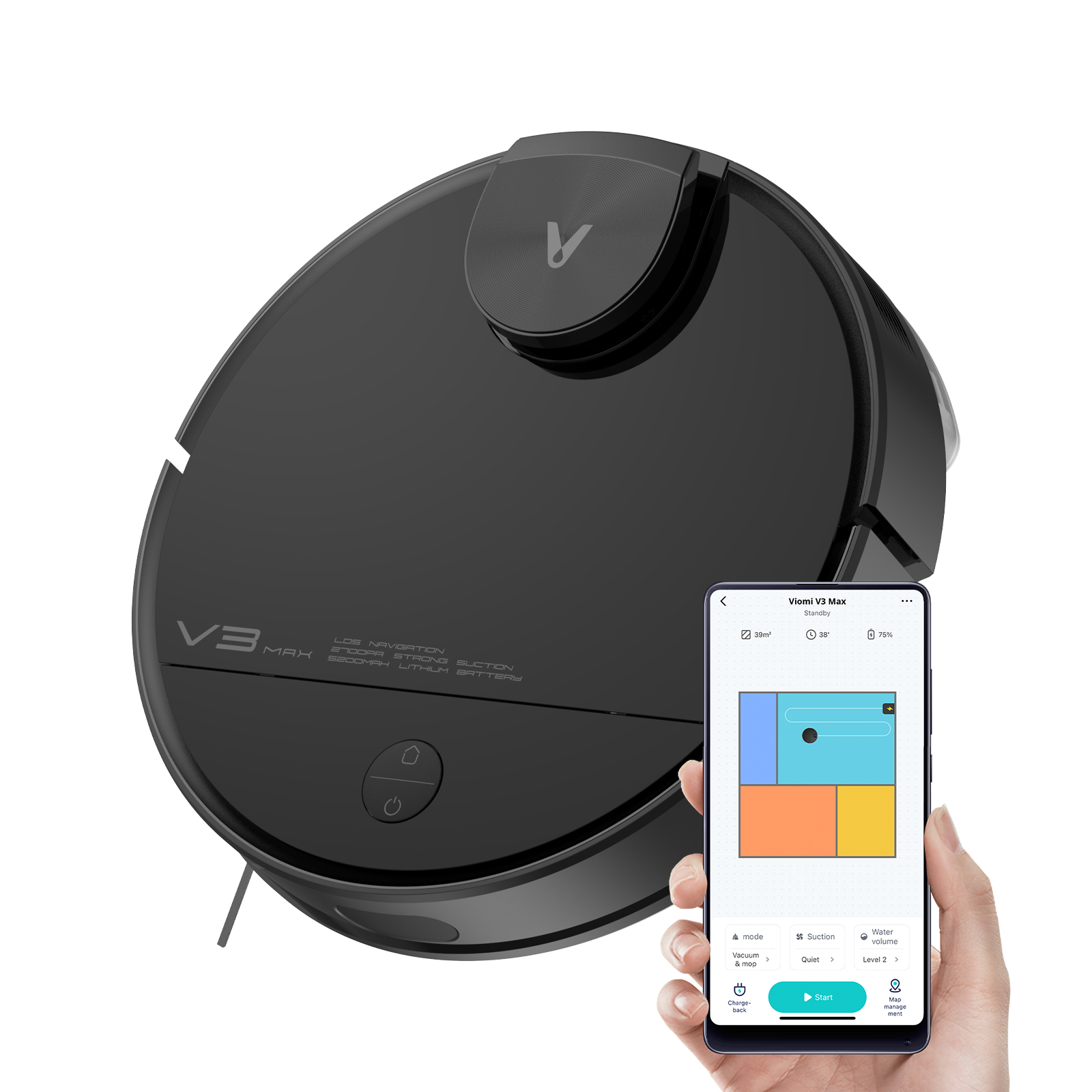 VIOMI "V3 Max" EU, Black, Robot Vacuum Cleaner, Suction 2700pa, Sweep, Mop, Remote Control, Wi-Fi, Self Charging, Dust Box Capacity: 0.48L, Working Time: 180m, Maximum area about 240 m2, Barrier height 2cm photo 1