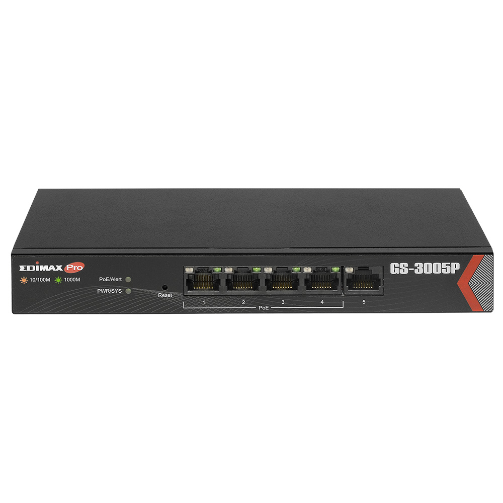 EDIMAX GS-3005P, 5-Port Gigabit Desktop PoE Switch, 5 Gigabit LAN ports including 4 PoE ports, Up to 30W per port (Total 72W) for powering PoE-enabled devices, Long range PoE power delivery distance extending up to 200 meters, steel case photo 1