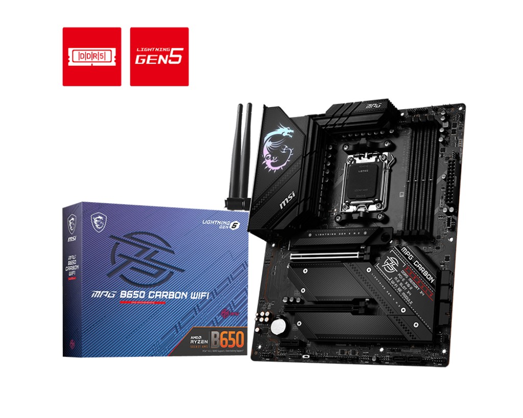MSI MPG B650 CARBON WIFI, Socket AM5, 19Phases, AMD B650, Dual 4xDDR5-7800, APU AMD graphics, 1xHDMI, 1xDP, 2xPCIe4.0 X16, 6xSATA3, RAID, 4xM.2PCIe 5.0, 1xPCIeX1, ALC4080 HDA/SPDIF, 1x2.5GbE LAN, WiFi6E/BT, 1xUSB-C 3.2Gen2x2, 8xUSB 3.2 Gen2(7A+1C), 2xUSB3 photo 1