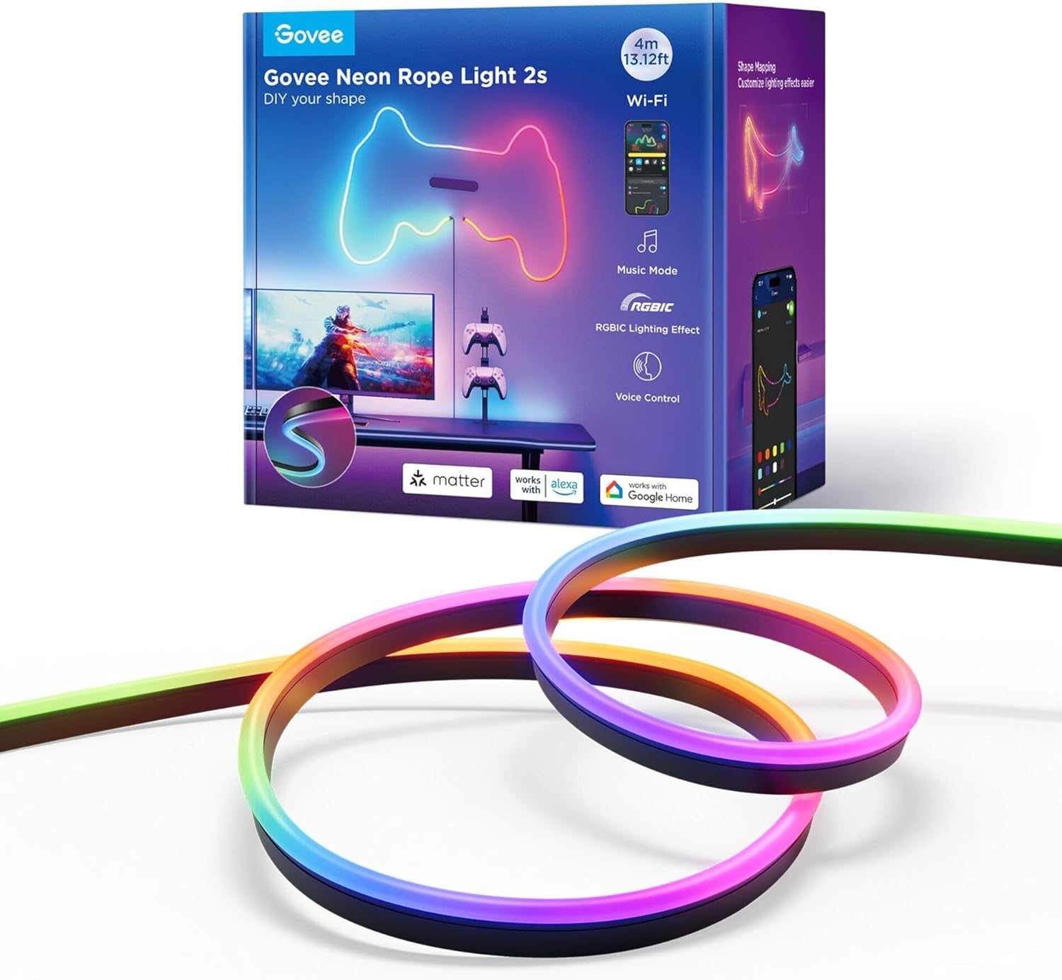 Lumina neon de tip franghie GOVEE Neon Rope Strip Ligth 2s / 4m / Multicolor / Wi-Fi + BT / Black photo 1