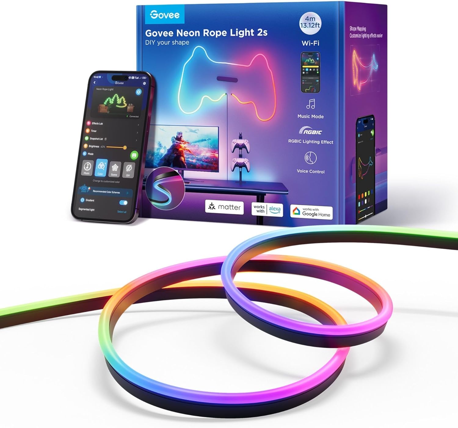 Lumina neon de tip franghie GOVEE Neon Rope Strip Ligth 2s / 4m / Multicolor / Wi-Fi + BT / Black photo 2