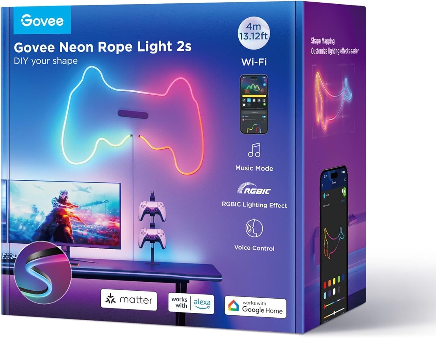 Lumina neon de tip franghie GOVEE Neon Rope Strip Ligth 2s / 4m / Multicolor / Wi-Fi + BT / Black photo 3